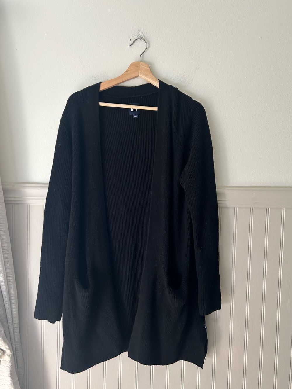 GAP Large Black Long Open Front Knit Cardigan Patch Pockets